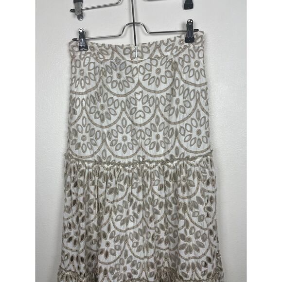 PINKO Size 6 White Tan Eyelet Embroidered Long Maxi Skirt Scalloped Hem - Picture 6 of 15